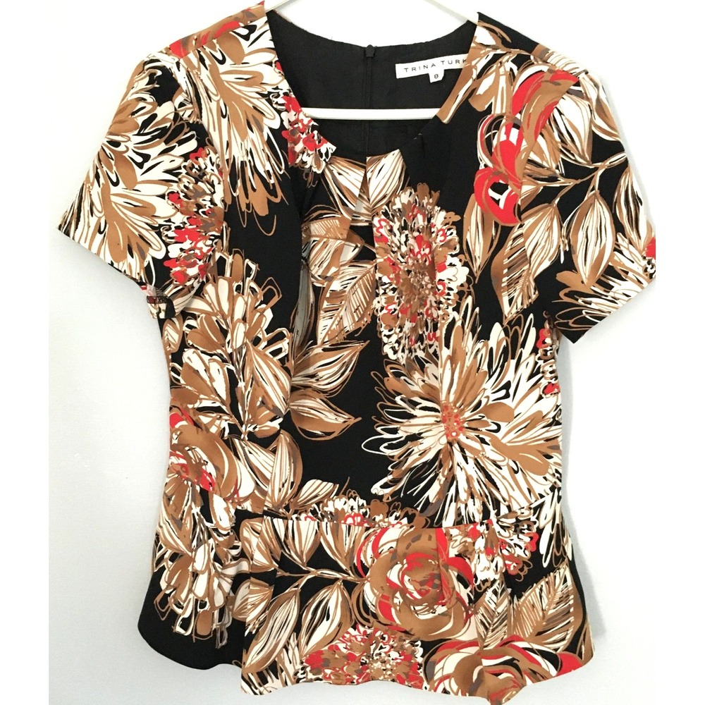 Trina Turk Blouse Womens‎ 8 Black Bold Floral Peplum Short Sleeve Lined Made USA